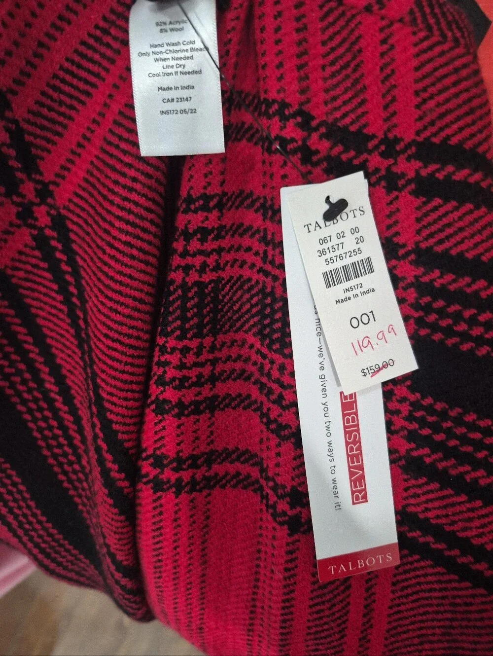 Talbots NWT Plaid Ruana Cape Wrap Poncho Shawl ONE SIZE Red Black Open Front